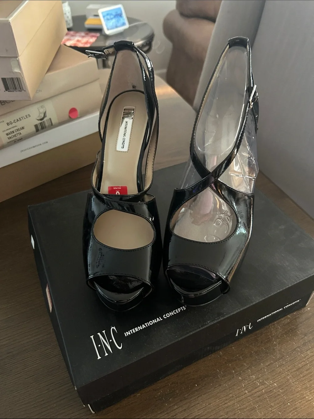 INC International Concepts Black Patent Peep-Toe Platform Heels with Ankle Strap